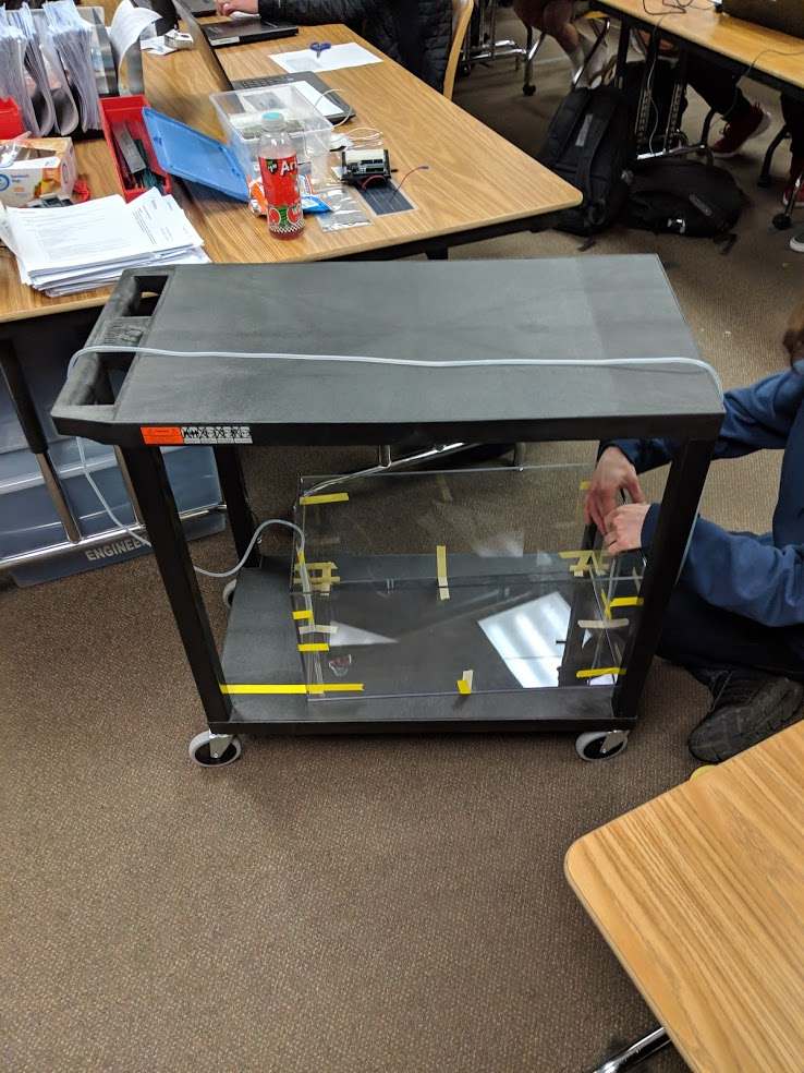 A plastic cart was bought for portability, modularity, and to make the overall build process faster.